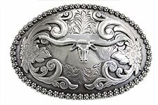 Nocona Western Belt Buckle Longhorn Oval Floral Antique Silver 3707213